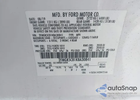 2019 Ford Flex Sel из США, поврежденный, VIN 2FMGK5C81KBA30841